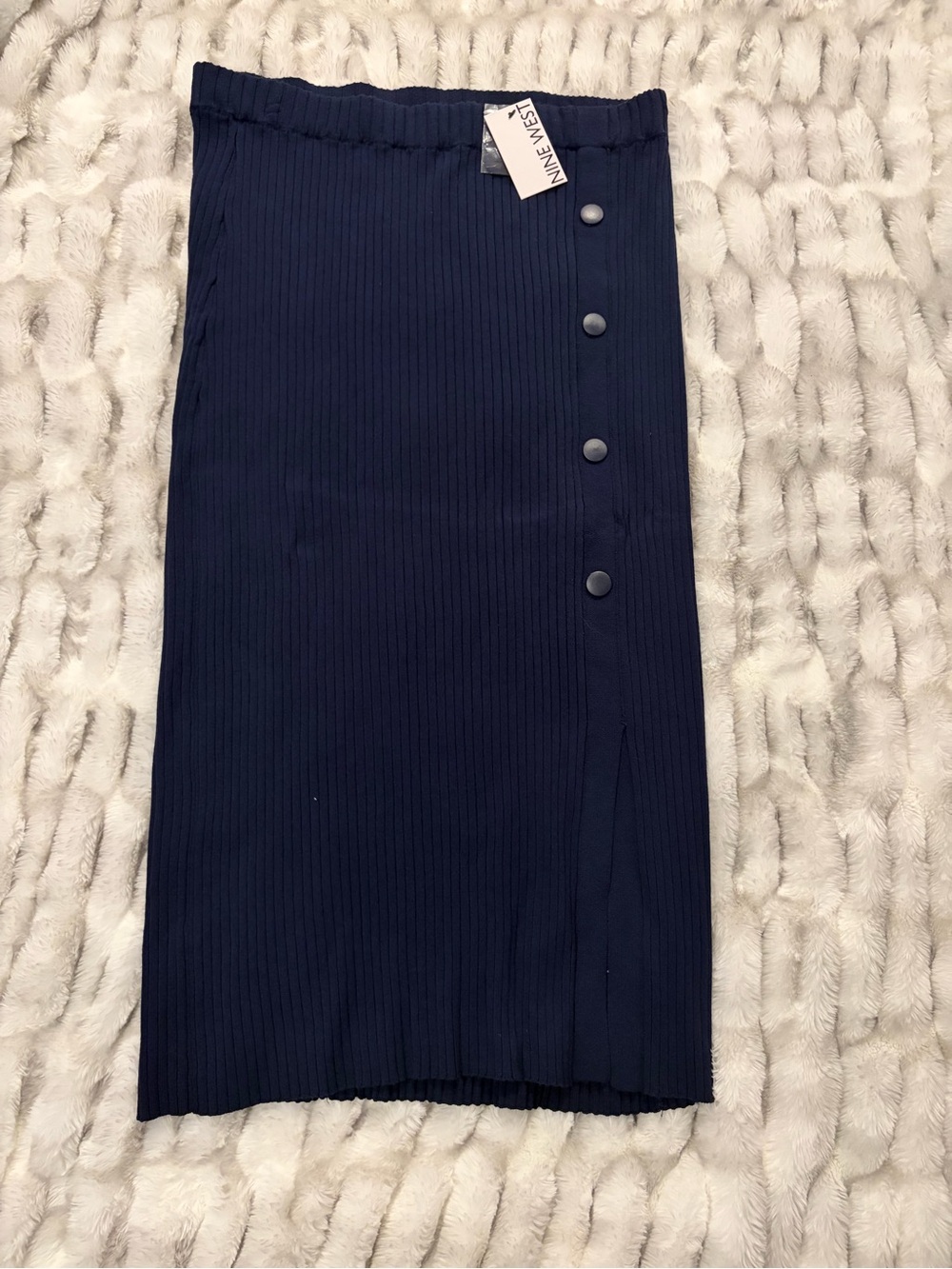 Nine West Navy Ribbed Pencil Skirt with Side Button Detail